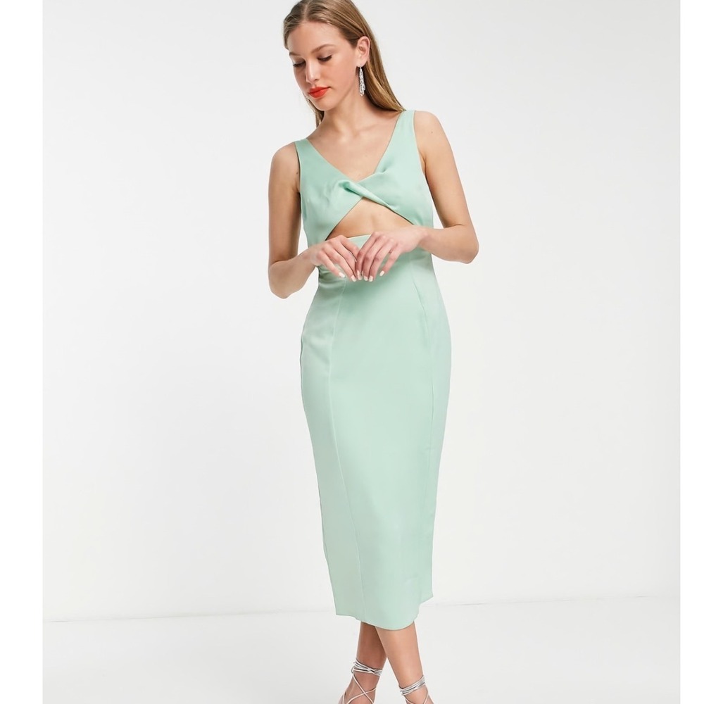 ASOS DESIGN | NEW Twist Front Keyhole Sage Green Cutout Back Midi‎ Dress, Size 4